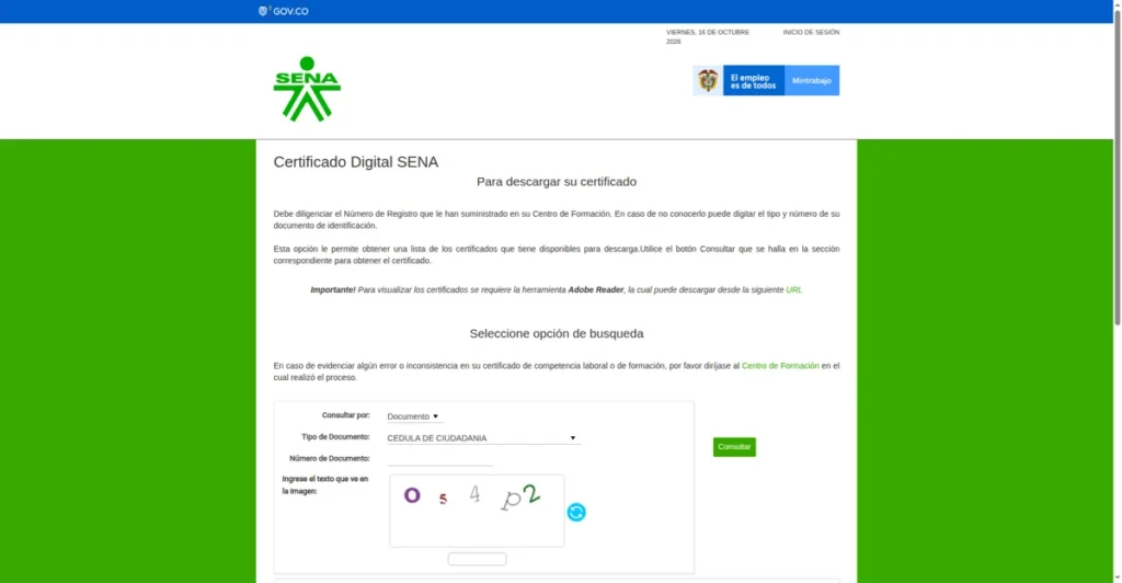 Portal oficial de certificados del SENA con las opciones de consulta por documento y por registro.