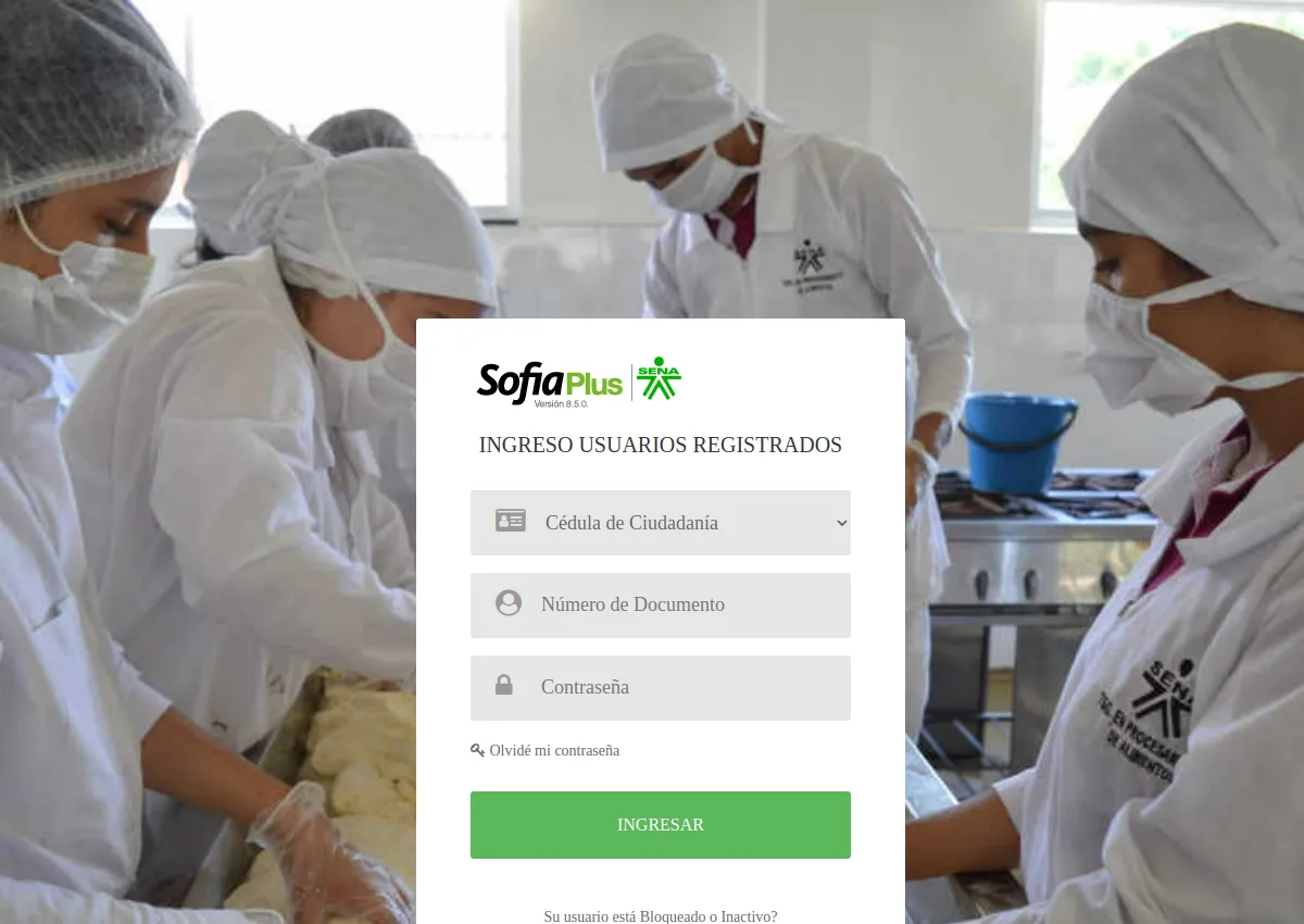 Captura del portal oficial SENA Sofia Plus con el botón Ingresar en la parte superior